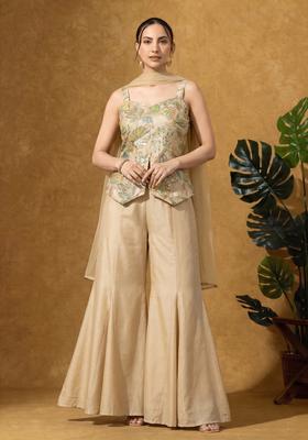 Cream Floral Embroidered Tissue Sharara Set