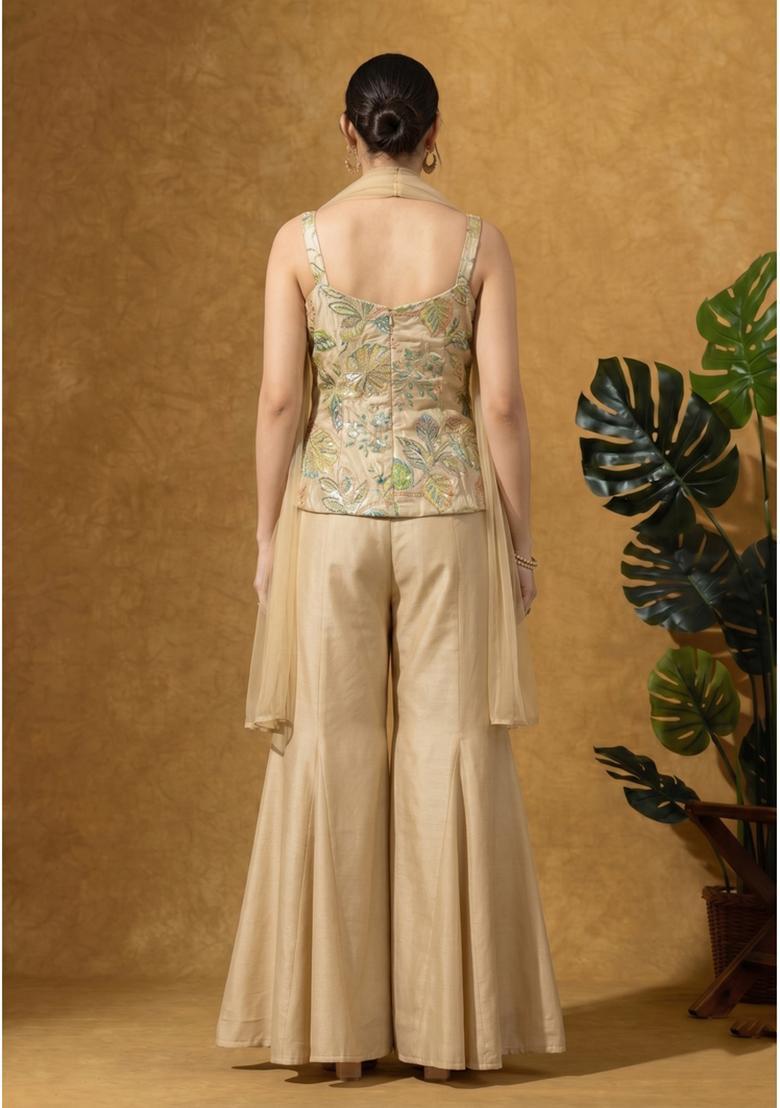 Cream Floral Embroidered Tissue Sharara Set - Indya