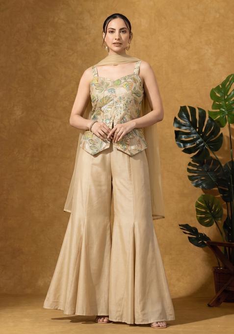 Cream Floral Embroidered Silk Blend Sharara Set