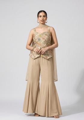 Camel Floral Embroidered Tissue Sharara Set
