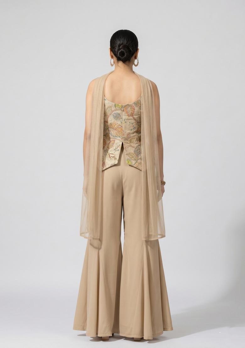 Camel Floral Embroidered Tissue Sharara Set - Indya