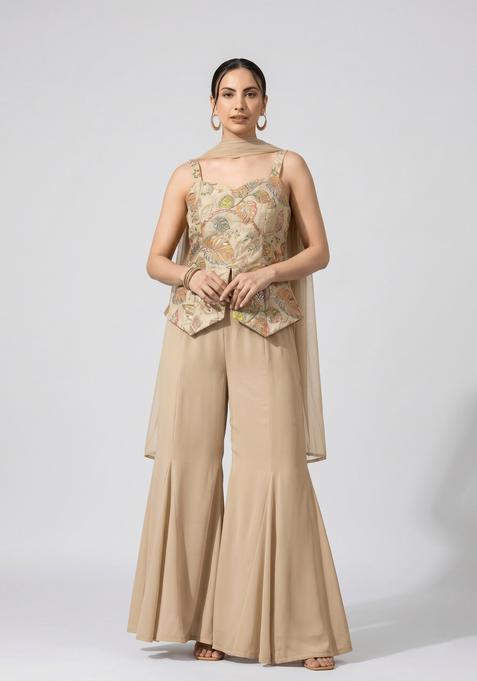 Camel Floral Embroidered Silk Blend Fusion Set