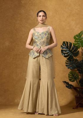 Warm Beige Embroidered Silk Blend Fusion Set