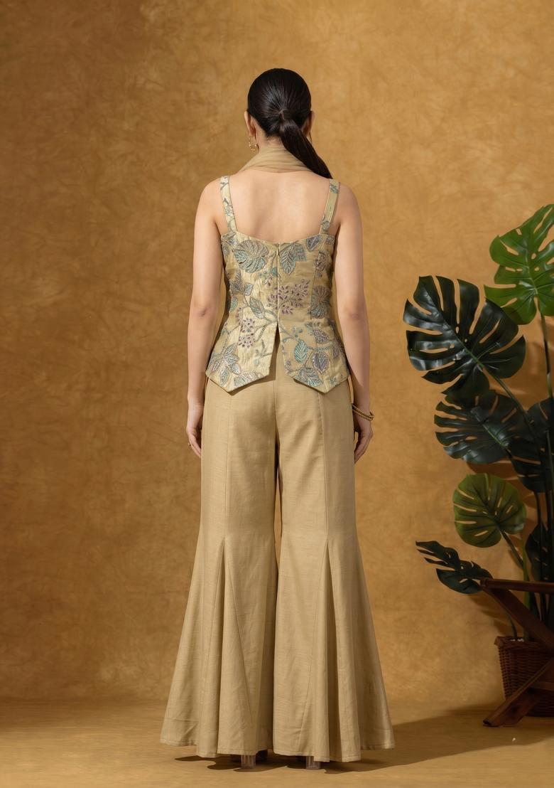 Warm Beige Embroidered Silk Blend Fusion Set - Indya