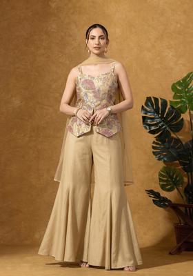 Toffee Floral Embroidered Tissue Sharara Set