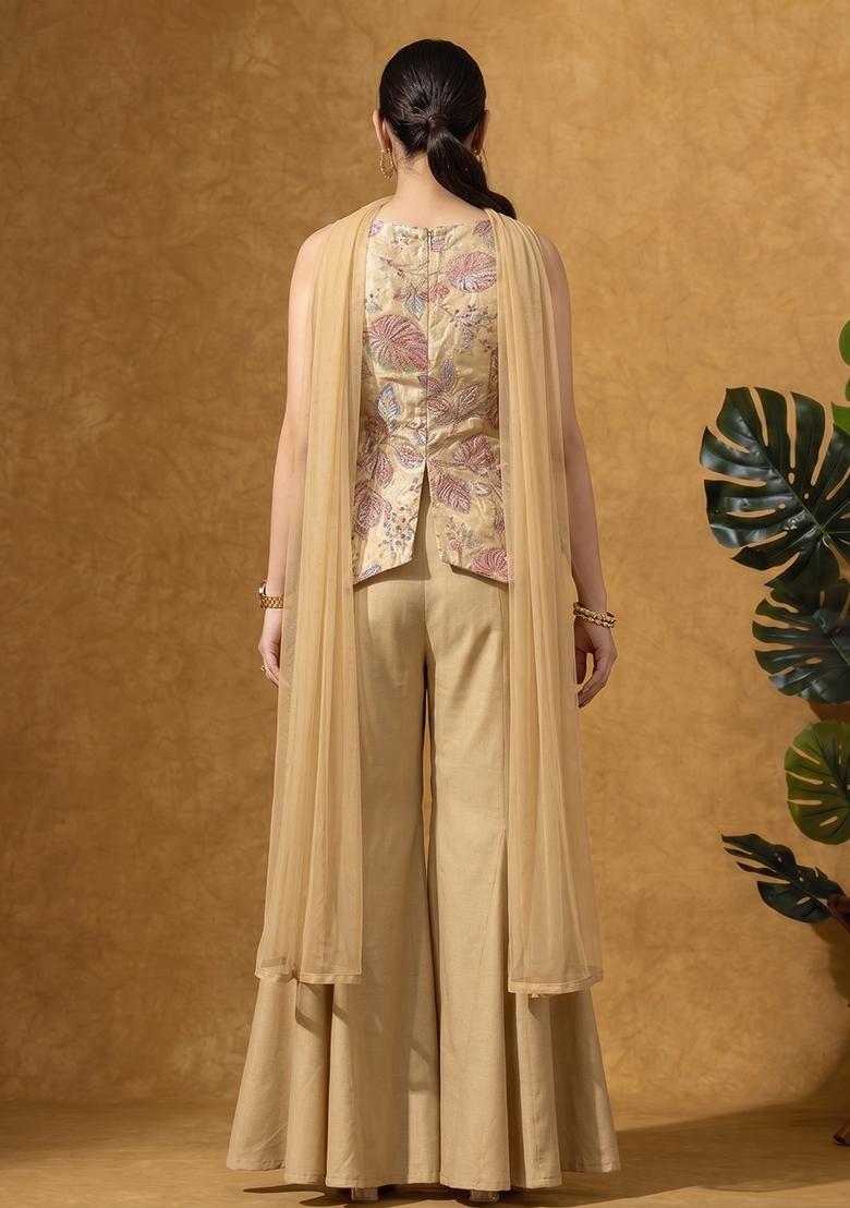 Toffee Floral Embroidered Tissue Sharara Set - Indya