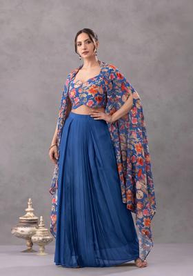 Royal Blue Floral Printed Georgette Fusion Set