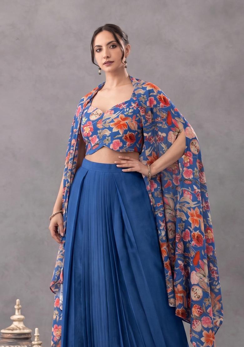 Royal Blue Floral Printed Georgette Fusion Set - Indya
