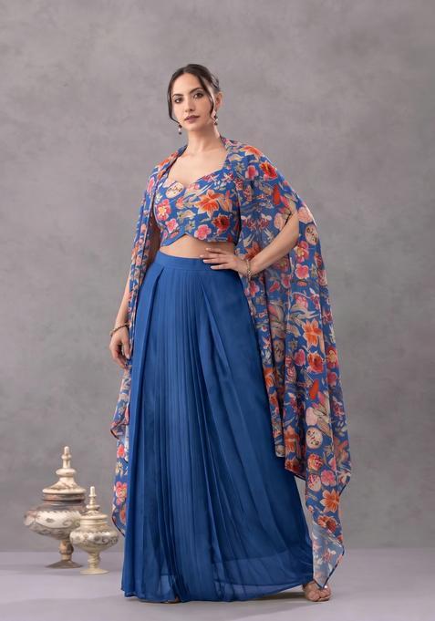 Royal Blue Floral Printed Crepe Fusion Set