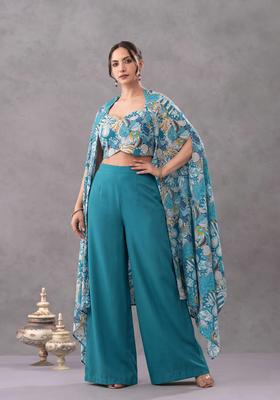 Teal Green Printed Georgette Fusion Set