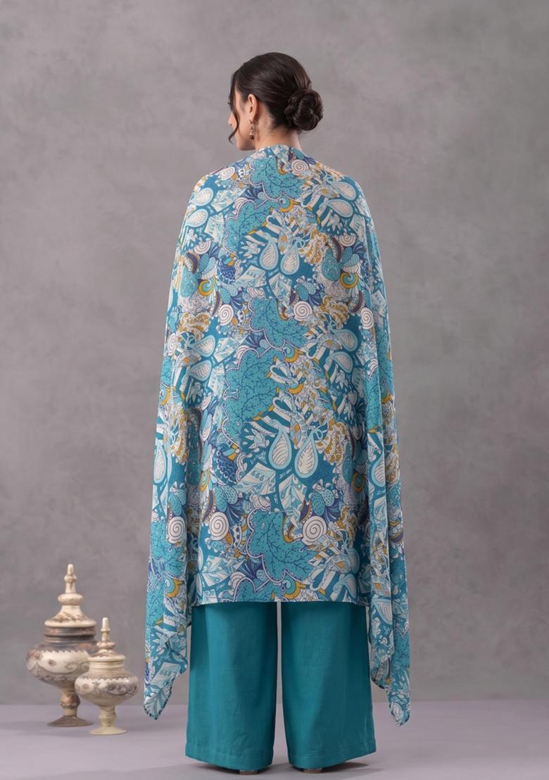 Teal Green Printed Georgette Fusion Set - Indya