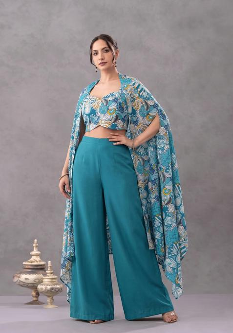 Teal Green Printed Crepe Fusion Set