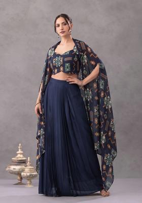 Navy Blue Printed Georgette Fusion Set