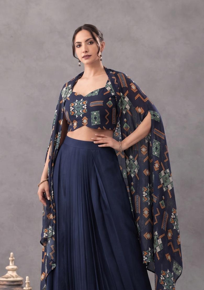 Navy Blue Printed Georgette Fusion Set - Indya