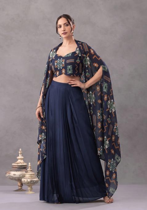 Navy Blue Printed Georgette Fusion Set