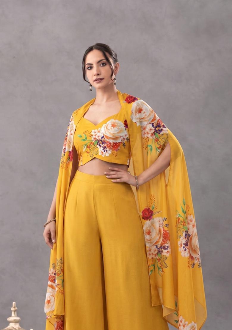 Mustard Floral Printed Georgette Fusion Set - Indya