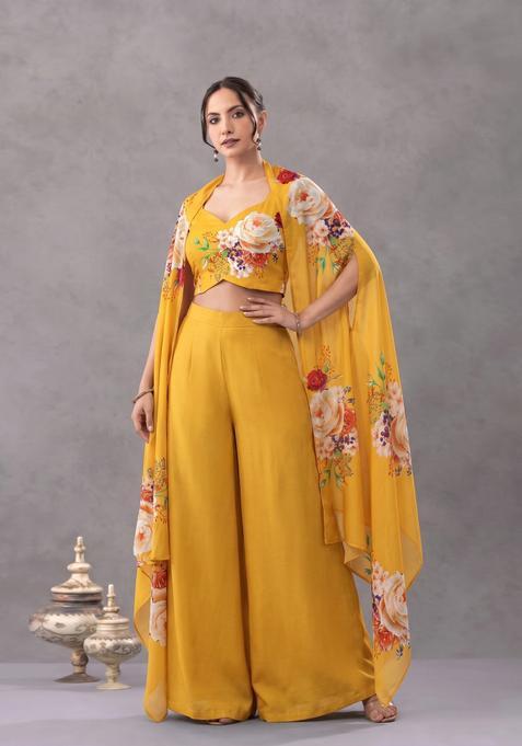 Mustard Floral Printed Crepe Fusion Set