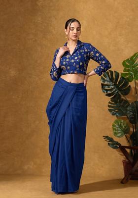 Cobalt Blue Floral Embroidered Tissue Fusion Set