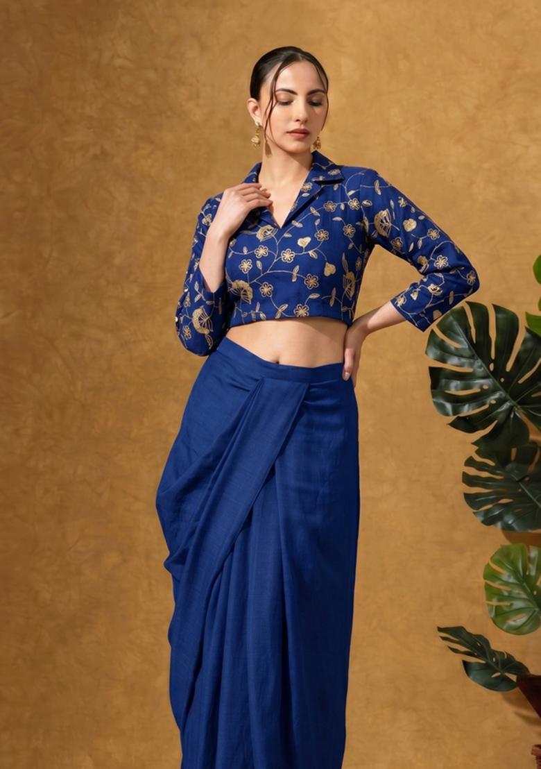 Cobalt Blue Floral Embroidered Tissue Fusion Set - Indya