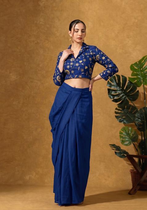 Cobalt Blue Floral Embroidered Silk Blend Pre Draped Saree Set