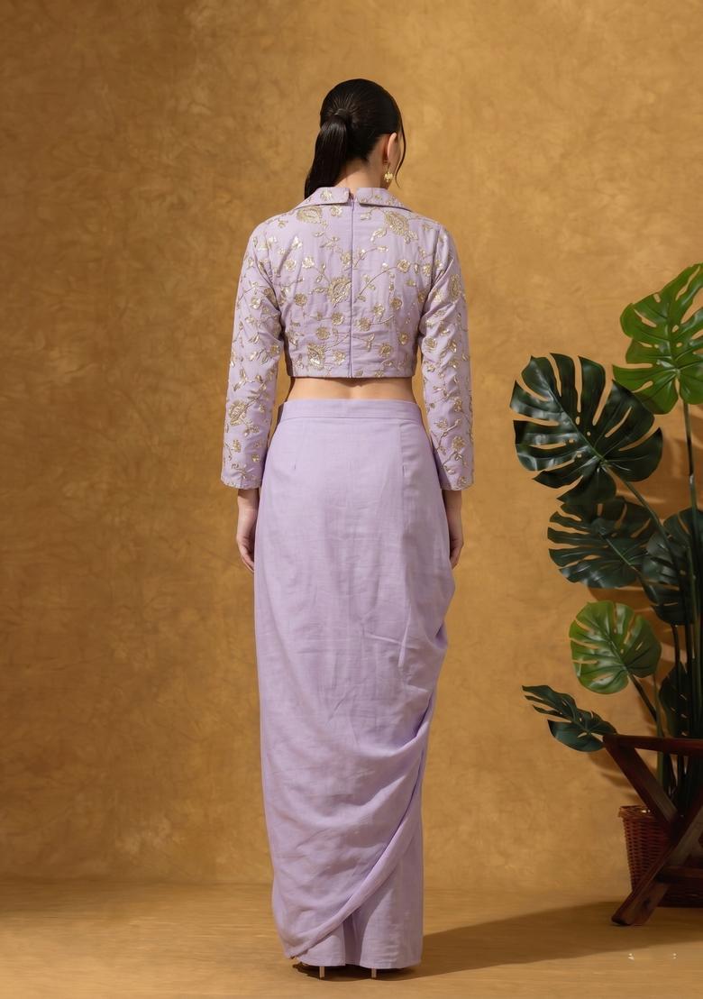 Lilac Floral Embroidered Tissue Fusion Set - Indya