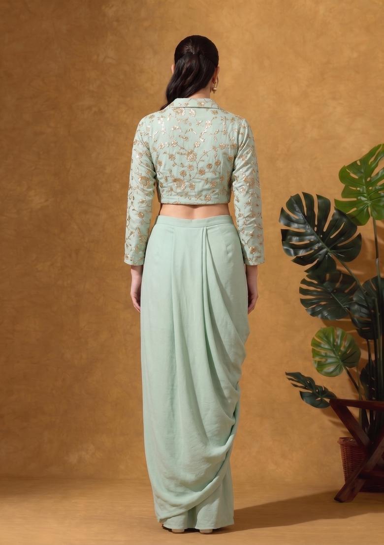Pastel Green Floral Embroidered Tissue Fusion Set - Indya