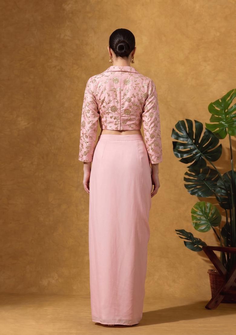 Pastel Pink Floral Embroidered Tissue Fusion Set - Indya