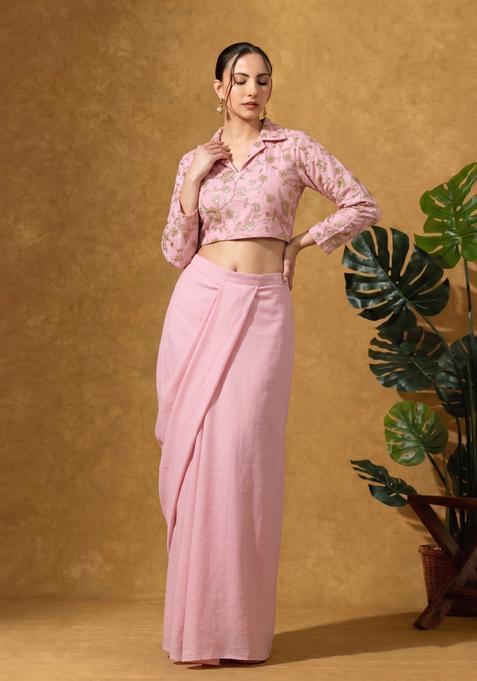 Pastel Pink Floral Embroidered Silk Blend Fusion Set