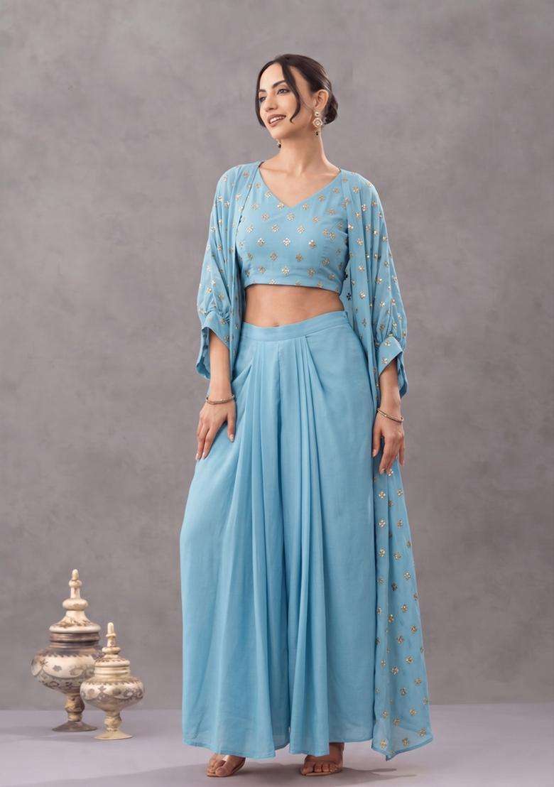 Sky Blue Sequin Georgette Fusion Set - Indya