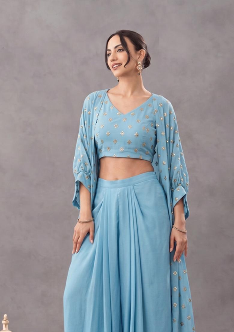 Sky Blue Sequin Georgette Fusion Set - Indya