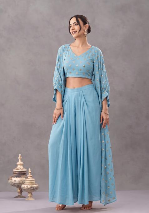 Sky Blue Sequinned Georgette Fusion Set