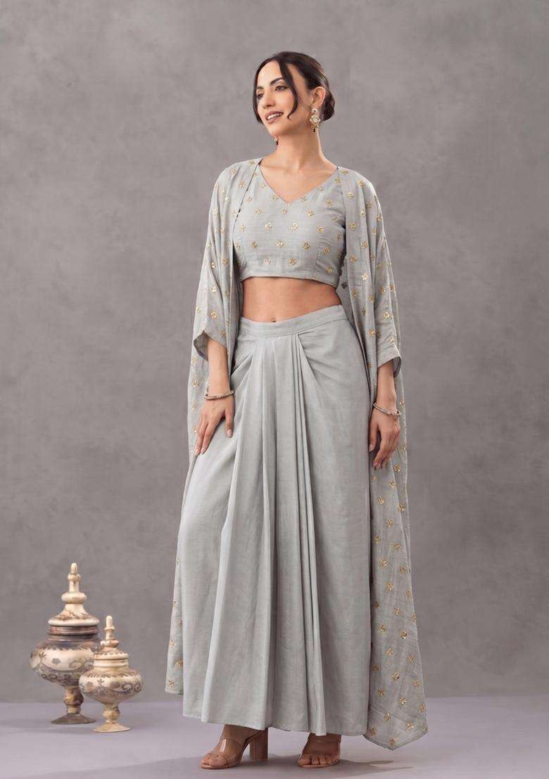 Lead Grey Embellished Georgette Fusion Set - Indya