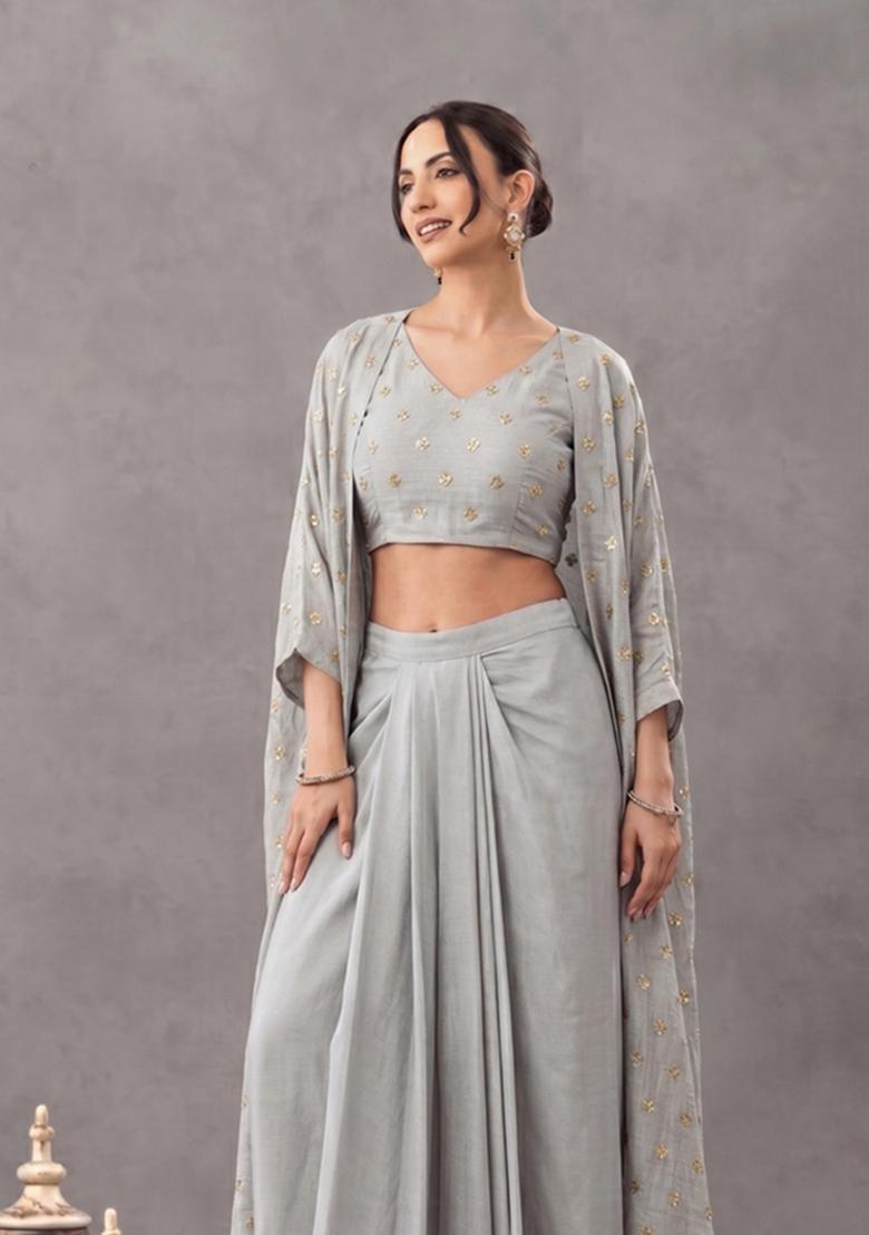 Lead Grey Embellished Georgette Fusion Set - Indya