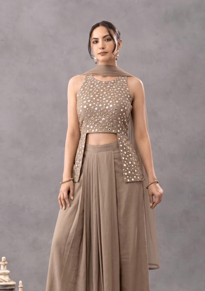 Light Brown Mirror Embellished Silk Blend Fusion Set - Indya
