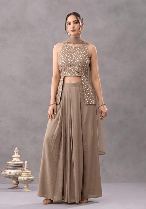 Light Brown Mirror Embellished Silk Blend Lehenga Set