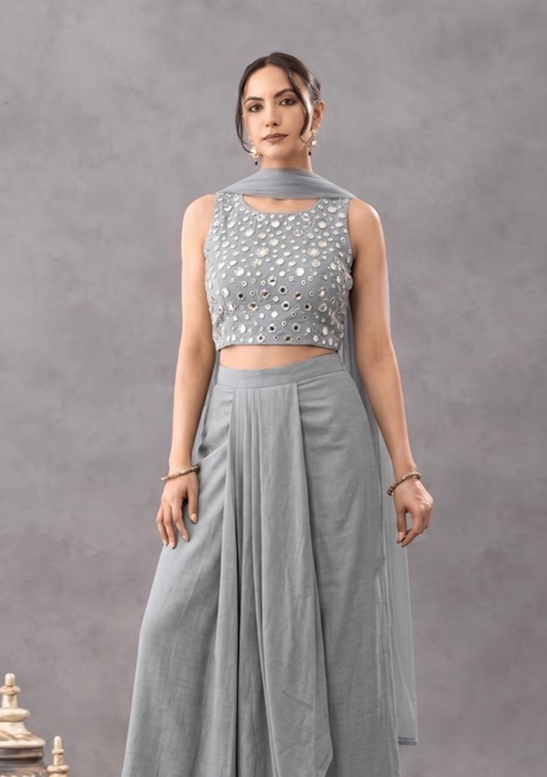 Lead Grey Mirror Embellished Silk Fusion Set - Indya