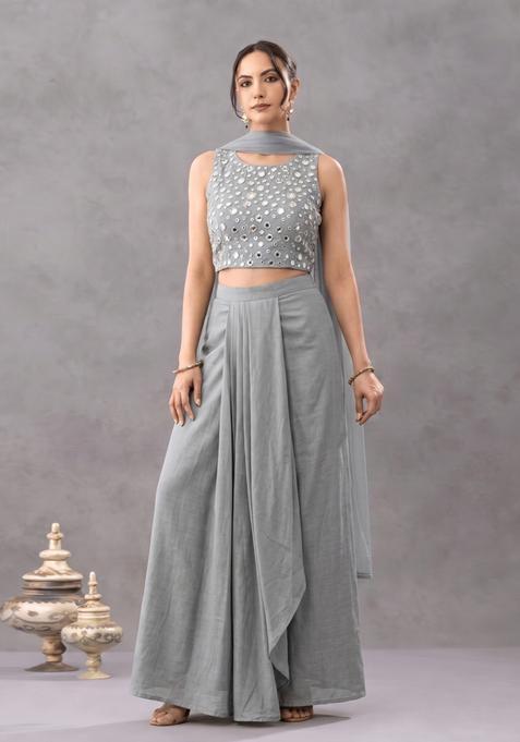 Lead Grey Mirror Embellished Silk Blend Fusion Set