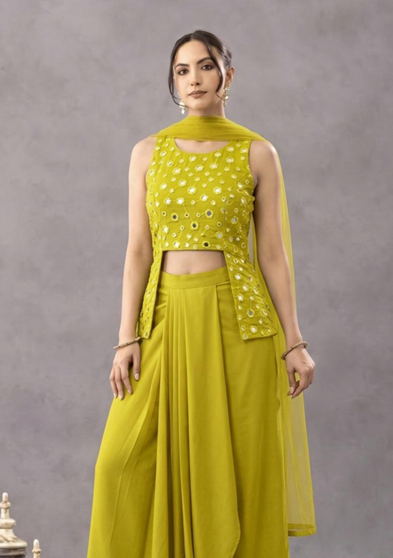 Warm Olive Mirror Embellished Silk Blend Lehenga Set - Indya