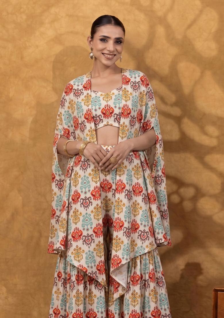 Cream Printed Crepe Fusion Set - Indya