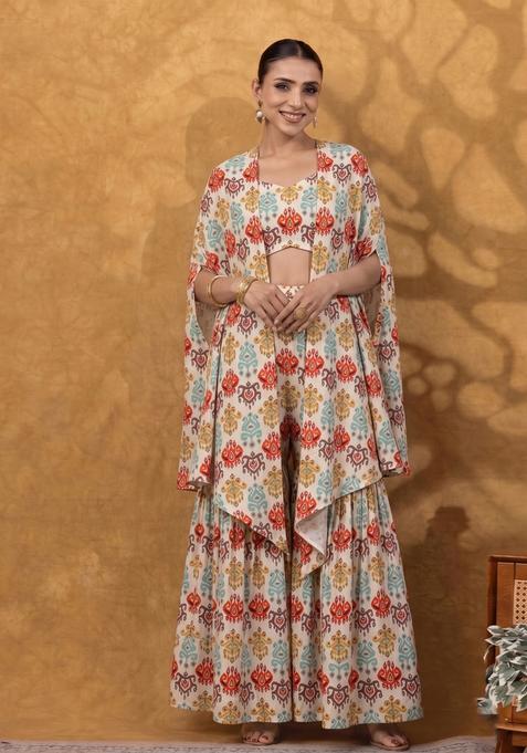 Cream Printed Crepe Fusion Set