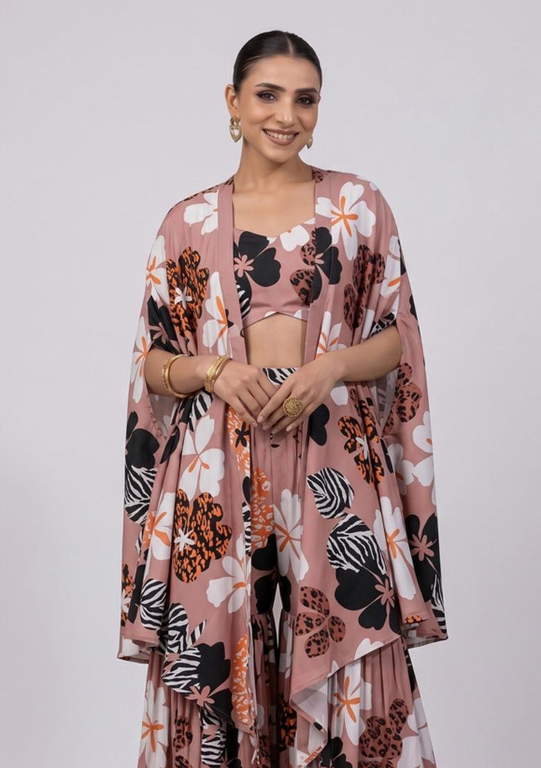 Warm Taupe Printed Crepe Sharara Set - Indya