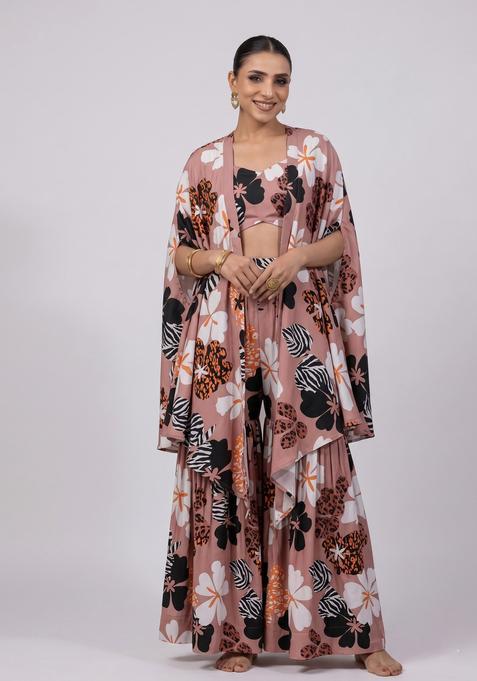 Warm Taupe Printed Crepe Sharara Set