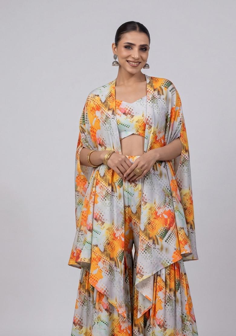 Lead Grey Printed Crepe Sharara Set - Indya