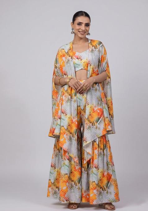 Lead Grey Printed Crepe Sharara Set