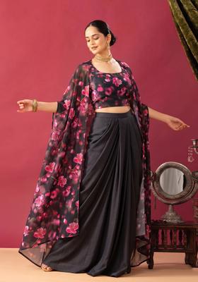 Black Floral Printed Georgette Lehenga Set