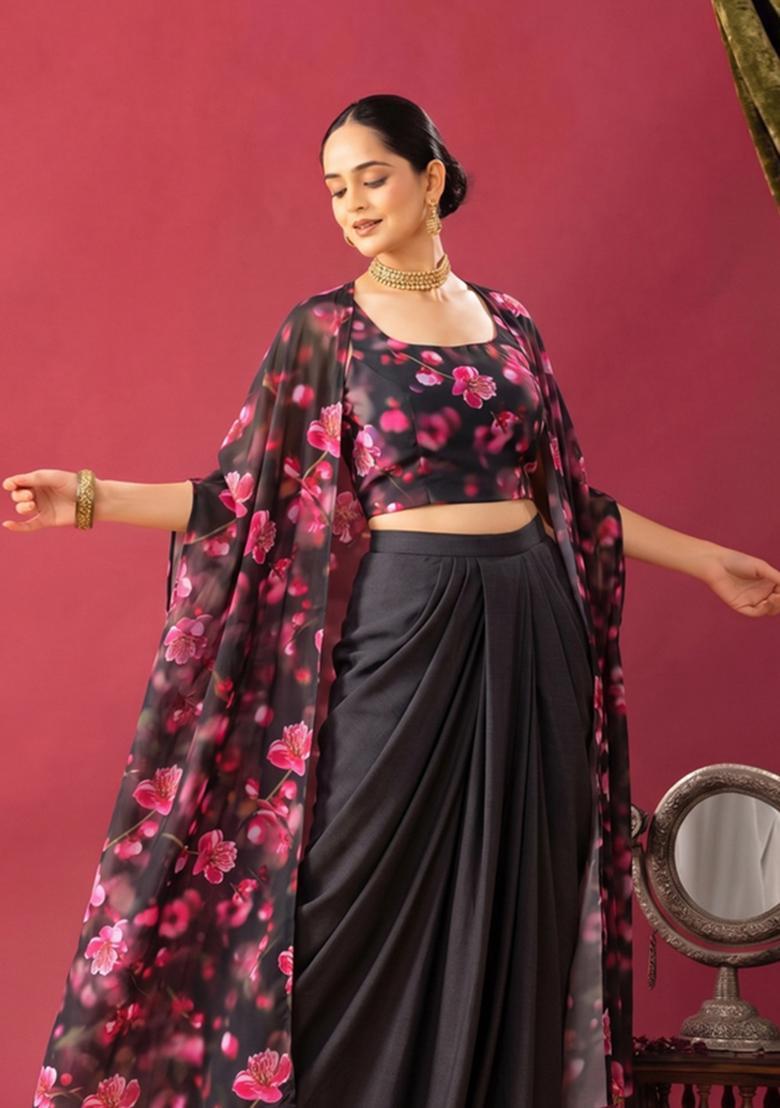 Black Floral Printed Georgette Lehenga Set - Indya