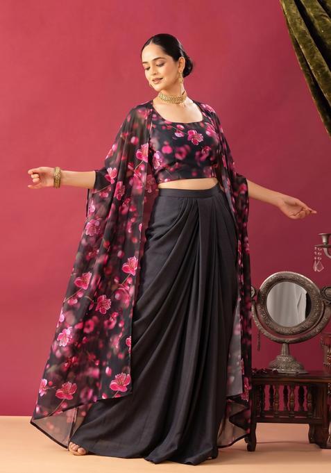 Black Floral Printed Georgette Lehenga Set