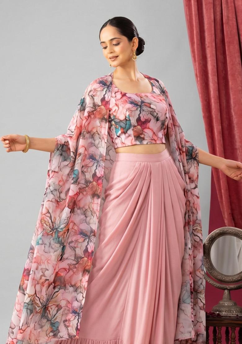 Antique Rose Printed Georgette Fusion Set - Indya