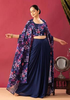 Navy Blue Floral Printed Georgette Fusion Set