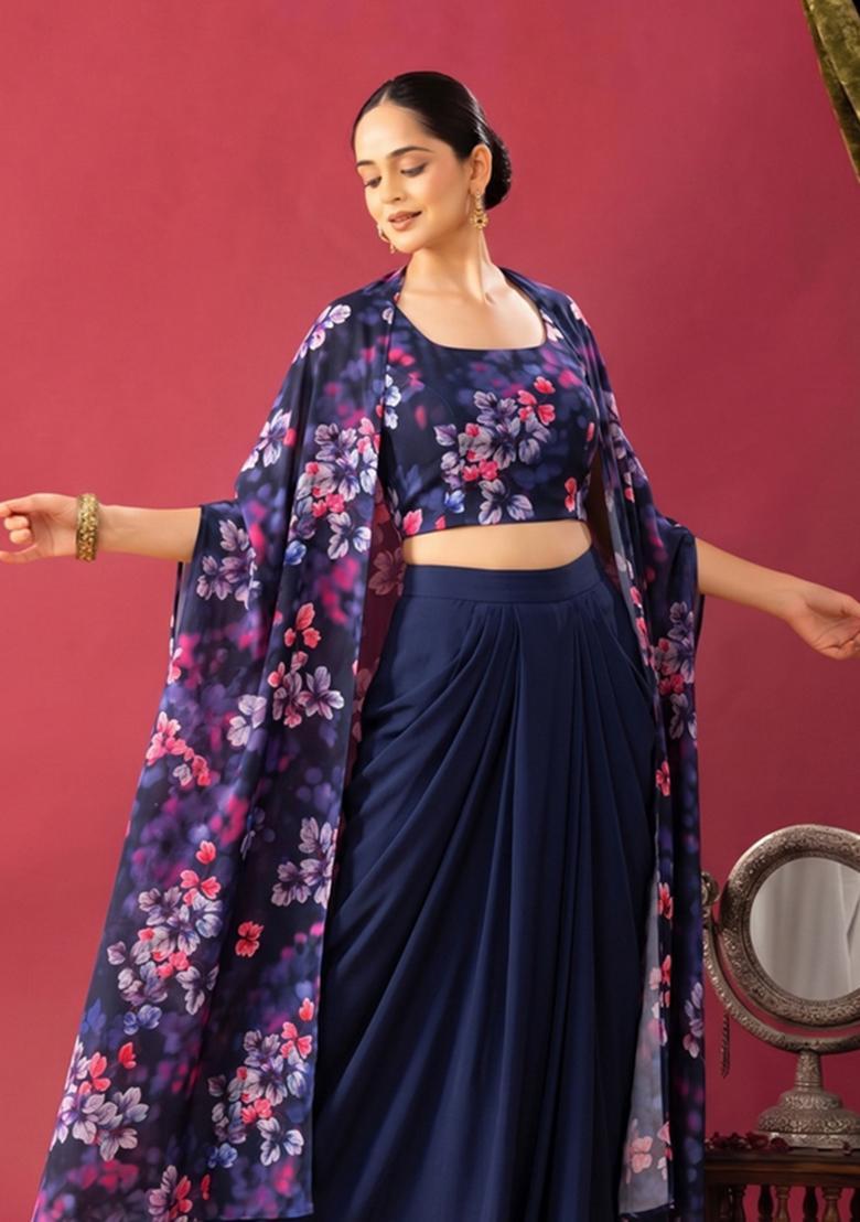 Navy Blue Floral Printed Georgette Fusion Set - Indya